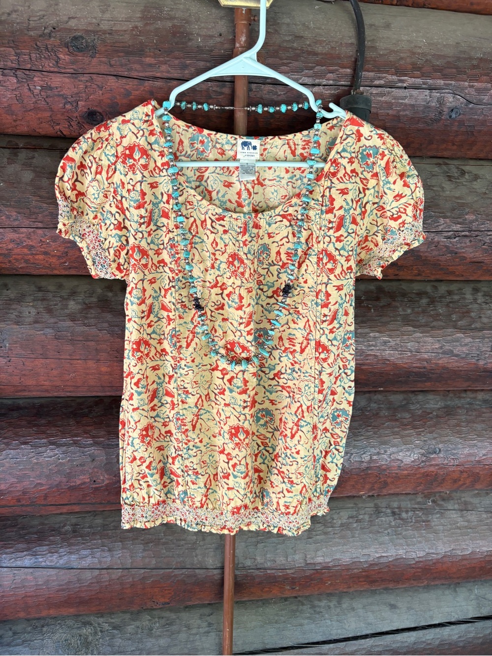 Lucky Brand S John Robshaw Floral Short-Sleeve Peasant Blouse boho top cotton